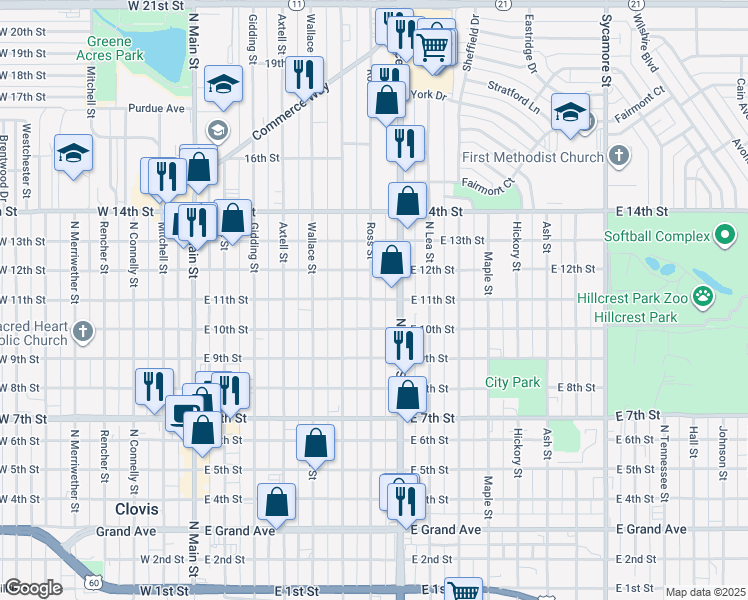 map of restaurants, bars, coffee shops, grocery stores, and more near 701 East 11th Street in Clovis