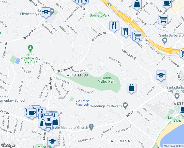 map of restaurants, bars, coffee shops, grocery stores, and more near 1031 Miramonte Drive in Santa Barbara