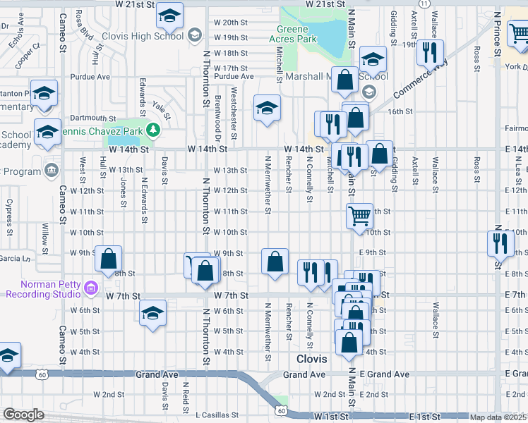 map of restaurants, bars, coffee shops, grocery stores, and more near 518 West 11th Street in Clovis