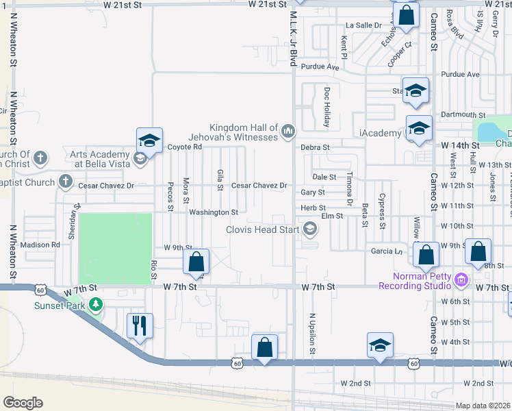 map of restaurants, bars, coffee shops, grocery stores, and more near 1100 Alma Street in Clovis