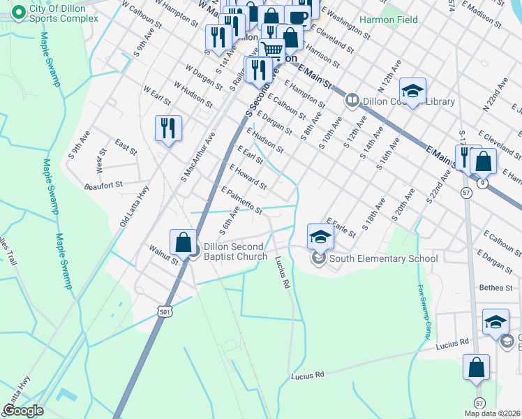map of restaurants, bars, coffee shops, grocery stores, and more near 906 East Palmetto Street in Dillon
