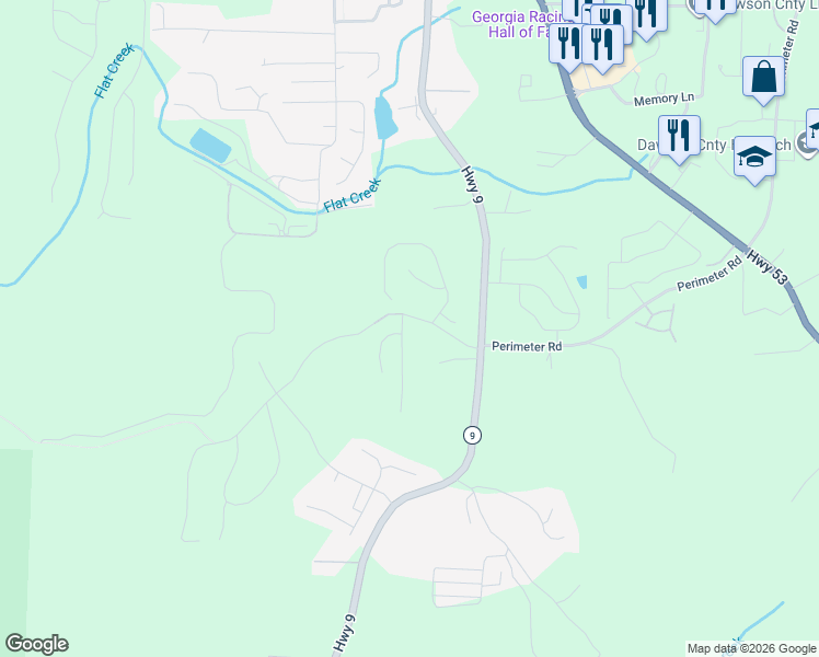 map of restaurants, bars, coffee shops, grocery stores, and more near 23 Nashport Lane in Dawsonville