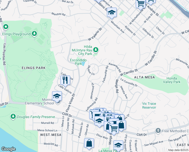 map of restaurants, bars, coffee shops, grocery stores, and more near 12 Skyline Circle in Santa Barbara