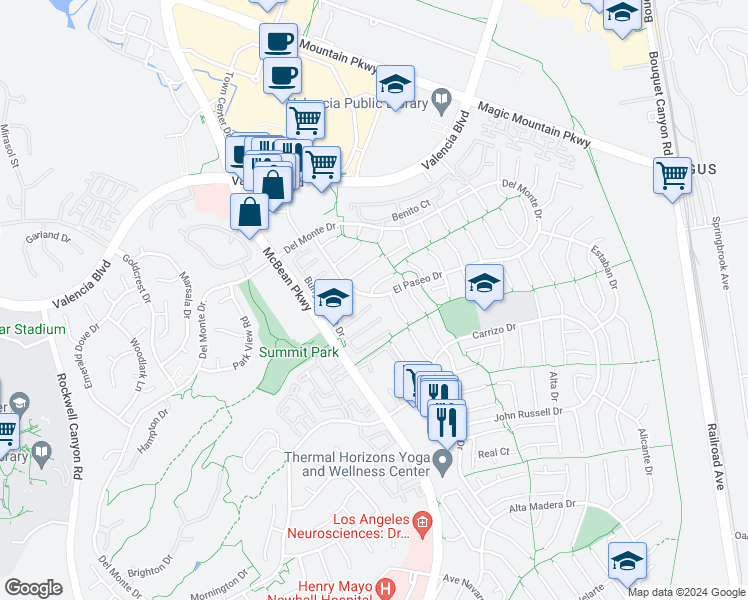 map of restaurants, bars, coffee shops, grocery stores, and more near 23953 Oakland Court in Santa Clarita