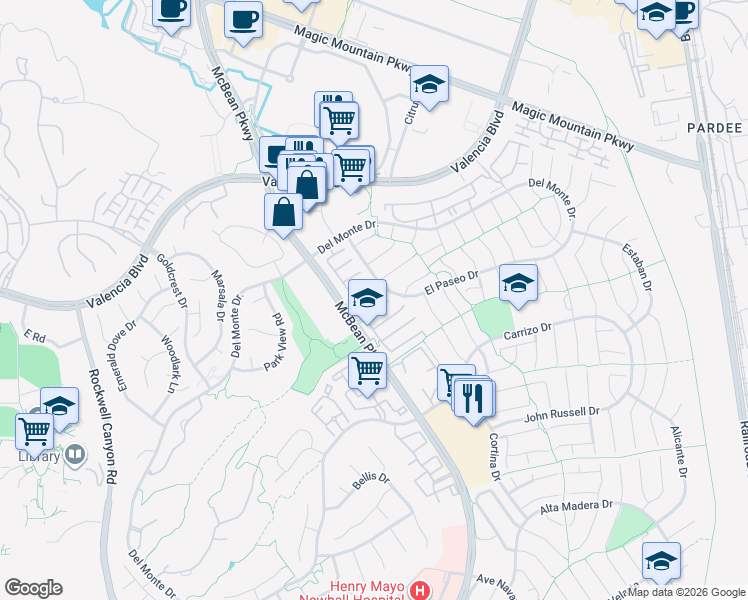 map of restaurants, bars, coffee shops, grocery stores, and more near 26216 Bungalow Court Drive in Santa Clarita