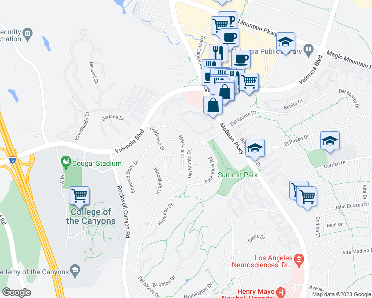 map of restaurants, bars, coffee shops, grocery stores, and more near 26372 Marsala Drive in Santa Clarita