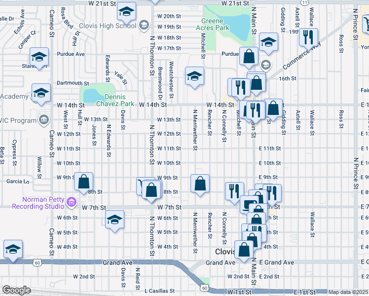 map of restaurants, bars, coffee shops, grocery stores, and more near 1012 Hinkle Street in Clovis