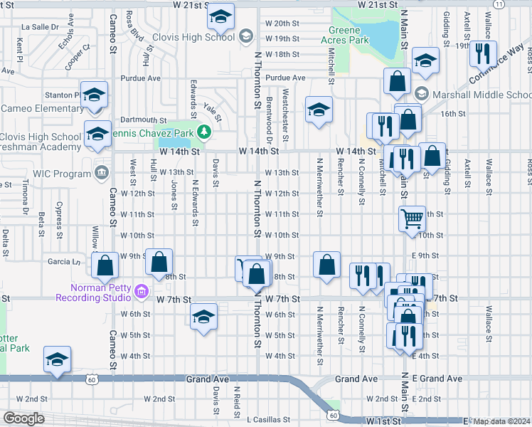 map of restaurants, bars, coffee shops, grocery stores, and more near 1016 Calhoun Street in Clovis