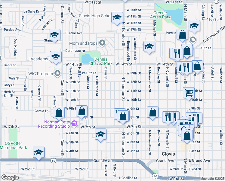 map of restaurants, bars, coffee shops, grocery stores, and more near 1017 Davis Street in Clovis