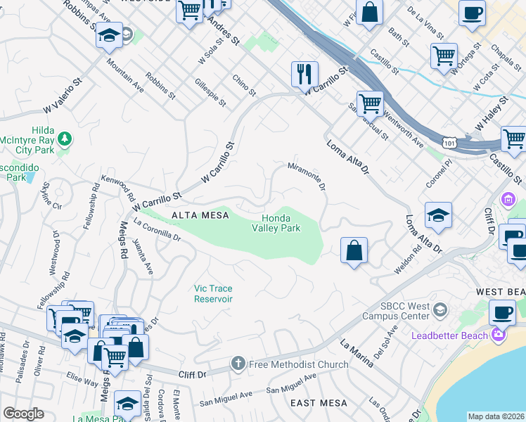 map of restaurants, bars, coffee shops, grocery stores, and more near 961 Miramonte Drive in Santa Barbara