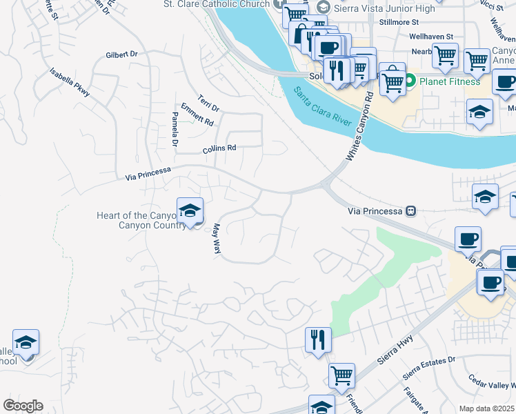 map of restaurants, bars, coffee shops, grocery stores, and more near 19612 Monarch Ridge Drive in Santa Clarita