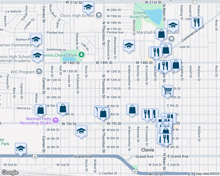 map of restaurants, bars, coffee shops, grocery stores, and more near 700 West 11th Street in Clovis