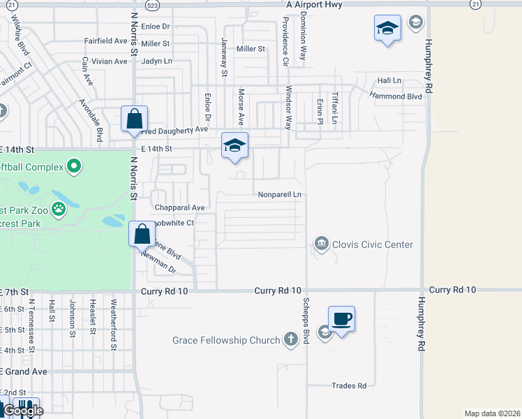 map of restaurants, bars, coffee shops, grocery stores, and more near Almond Tree Lane in Clovis