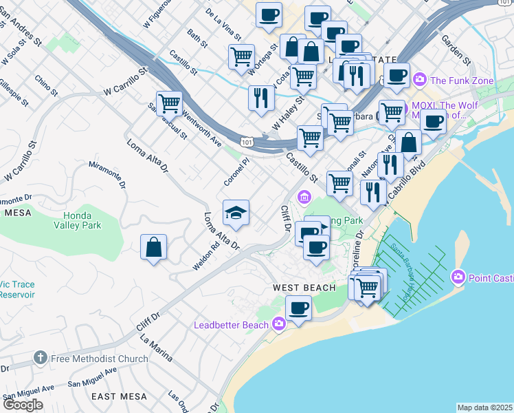 map of restaurants, bars, coffee shops, grocery stores, and more near 535 West Montecito Street in Santa Barbara