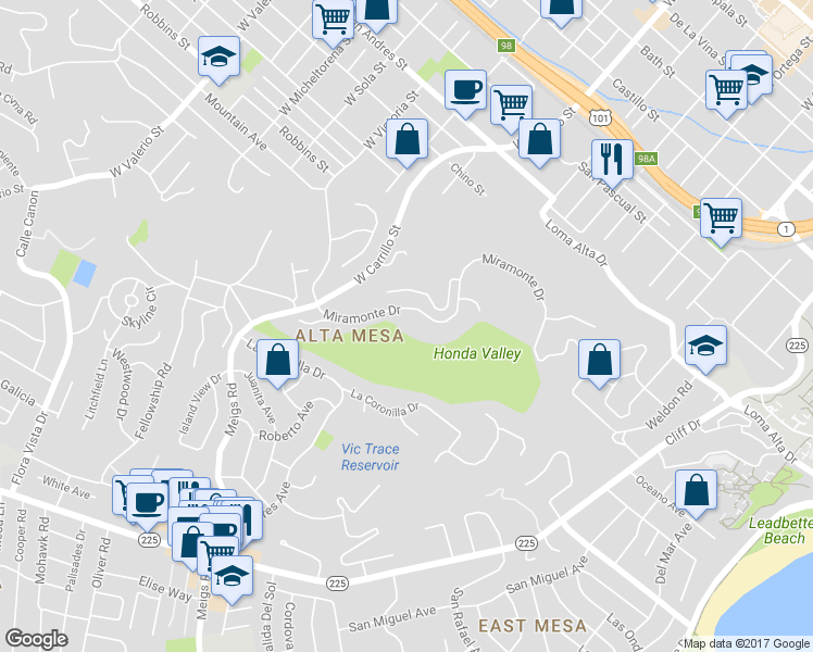 map of restaurants, bars, coffee shops, grocery stores, and more near 1031 Miramonte Drive in Santa Barbara