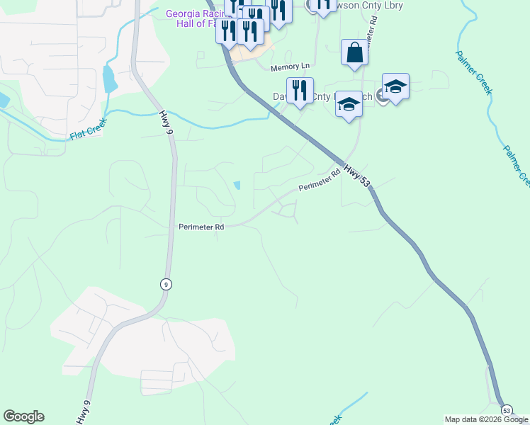 map of restaurants, bars, coffee shops, grocery stores, and more near 2201 Perimeter Road in Dawsonville