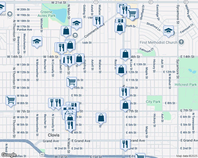 map of restaurants, bars, coffee shops, grocery stores, and more near 1100 Wallace Street in Clovis