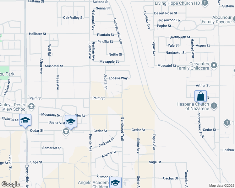 map of restaurants, bars, coffee shops, grocery stores, and more near 8722 Bandicoot Trail in Hesperia