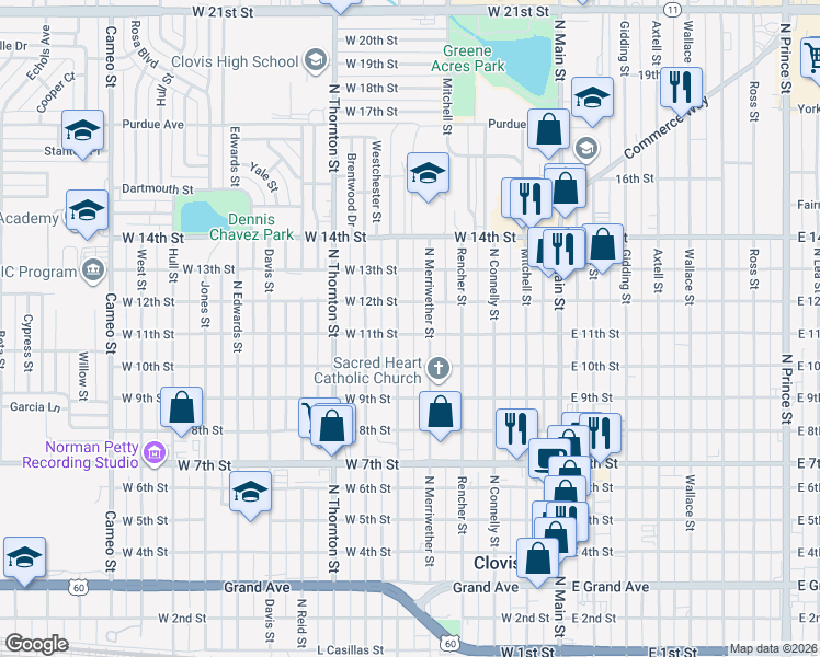 map of restaurants, bars, coffee shops, grocery stores, and more near 1101 Hinkle Street in Clovis
