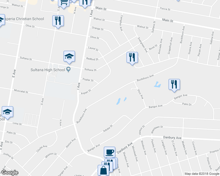 map of restaurants, bars, coffee shops, grocery stores, and more near 17550 Buckthorn Avenue in Hesperia