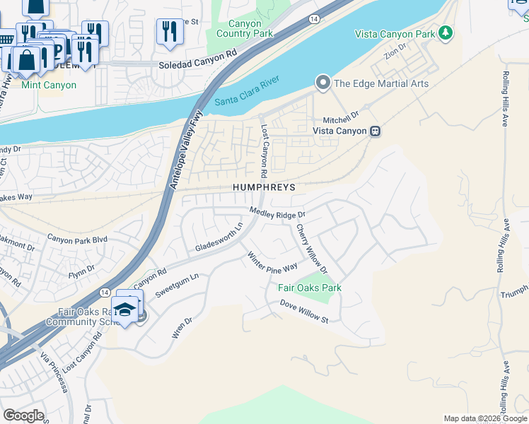 map of restaurants, bars, coffee shops, grocery stores, and more near 27556 Woodfall Road in Santa Clarita