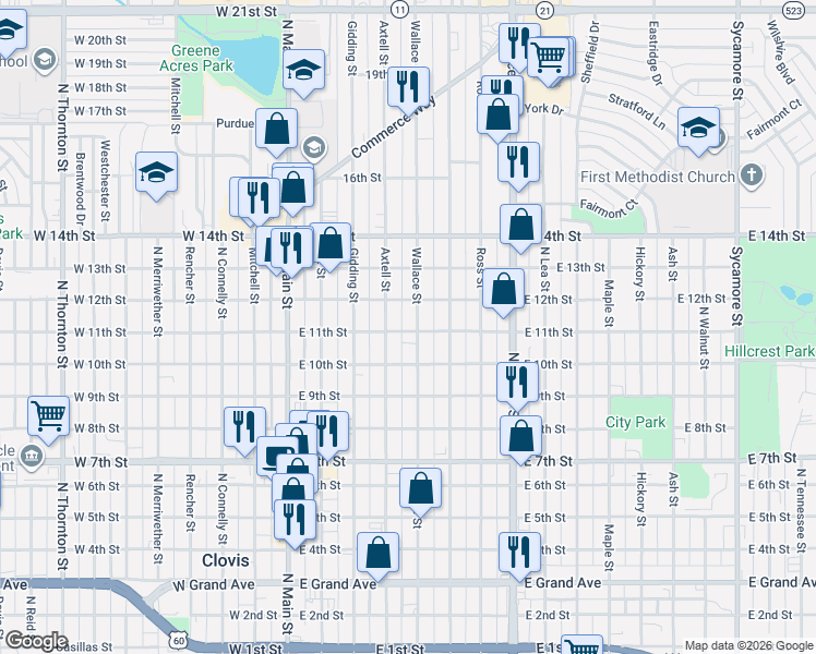 map of restaurants, bars, coffee shops, grocery stores, and more near 1015 Wallace Street in Clovis