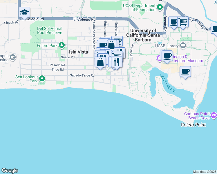 map of restaurants, bars, coffee shops, grocery stores, and more near 6541 Del Playa Drive in Goleta