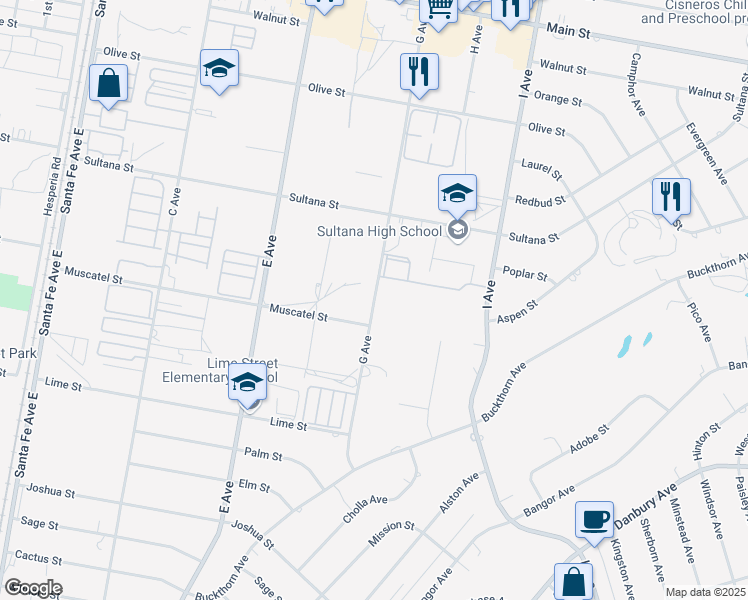 map of restaurants, bars, coffee shops, grocery stores, and more near G Avenue in Hesperia