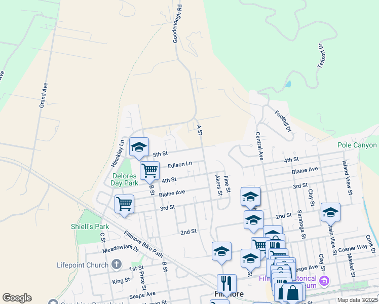 map of restaurants, bars, coffee shops, grocery stores, and more near 740 Edison Lane in Fillmore