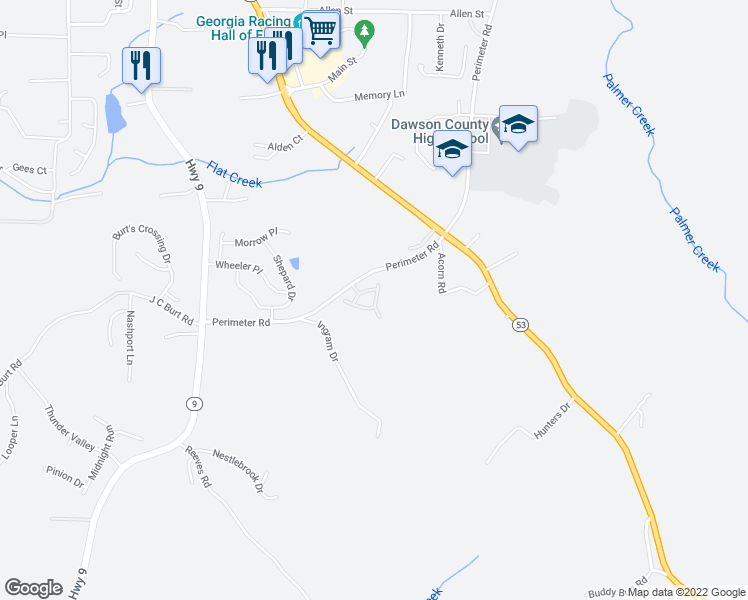 map of restaurants, bars, coffee shops, grocery stores, and more near 34 Farmington Circle in Dawsonville