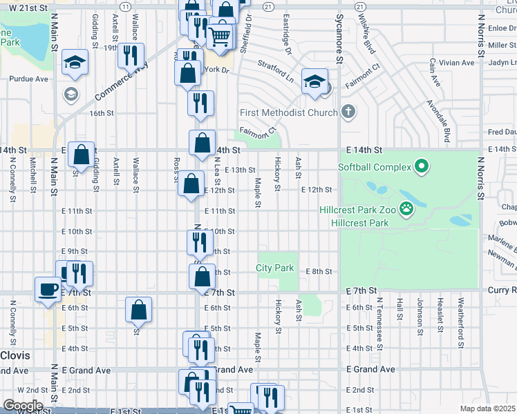 map of restaurants, bars, coffee shops, grocery stores, and more near 1121 Maple Street in Clovis