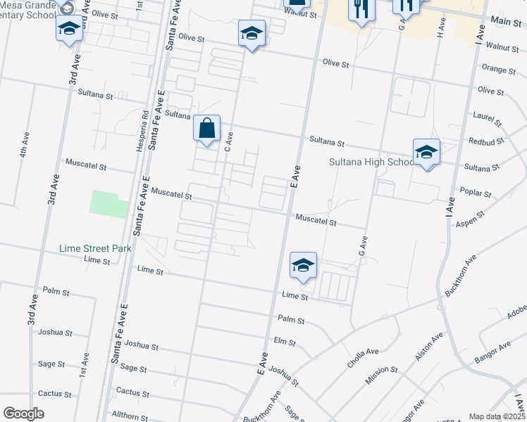 map of restaurants, bars, coffee shops, grocery stores, and more near 16854 Muscatel Street in Hesperia