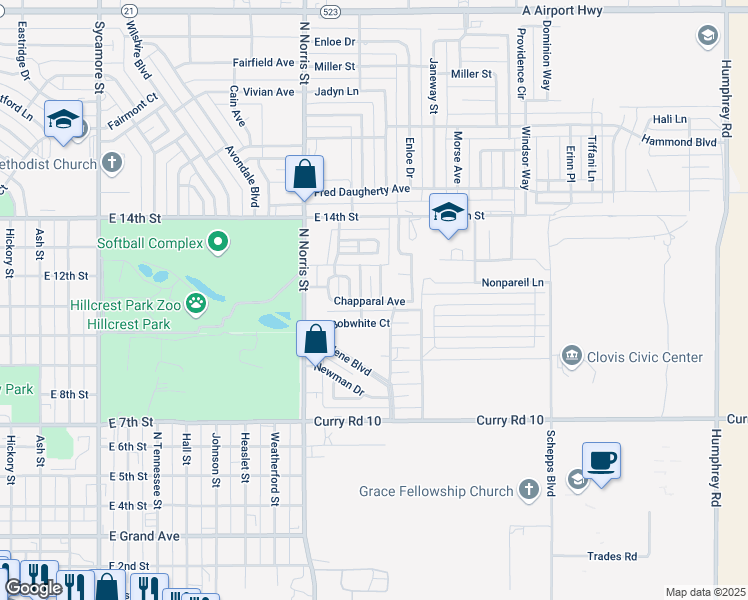 map of restaurants, bars, coffee shops, grocery stores, and more near 2200 Bobwhite Court in Clovis