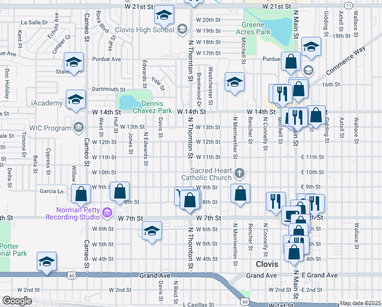 map of restaurants, bars, coffee shops, grocery stores, and more near 1016 Calhoun Street in Clovis