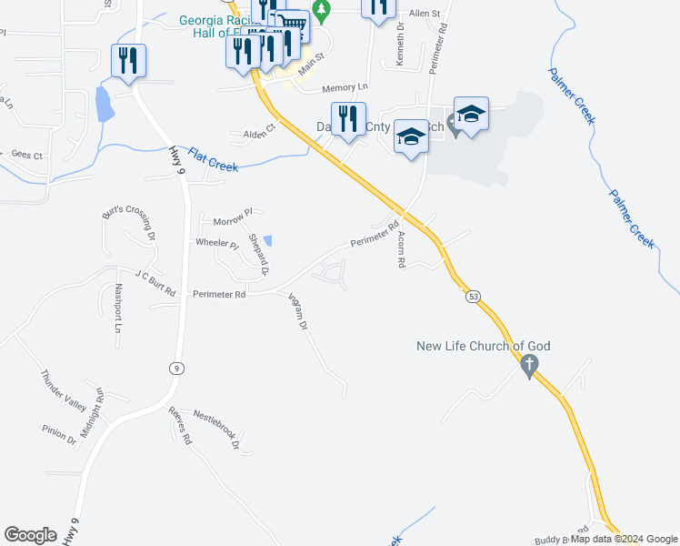 map of restaurants, bars, coffee shops, grocery stores, and more near 2021 Farmington Circle in Dawsonville
