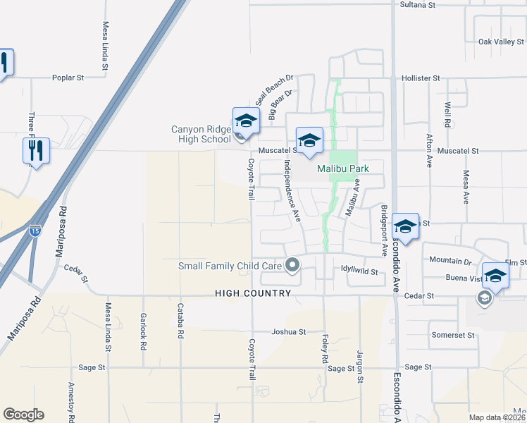 map of restaurants, bars, coffee shops, grocery stores, and more near 12924 Tehachapi Street in Hesperia