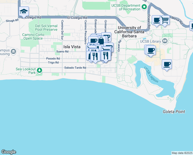 map of restaurants, bars, coffee shops, grocery stores, and more near 6571 Del Playa Drive in Goleta