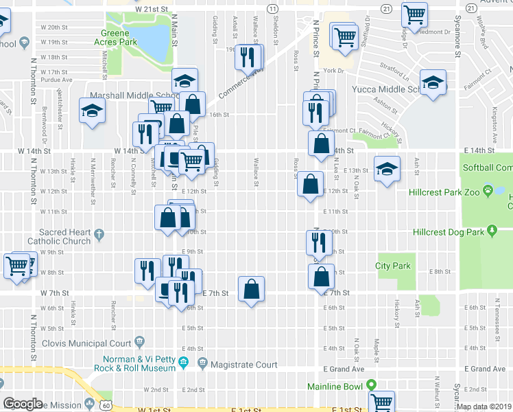 map of restaurants, bars, coffee shops, grocery stores, and more near 1102 Wallace Street in Clovis