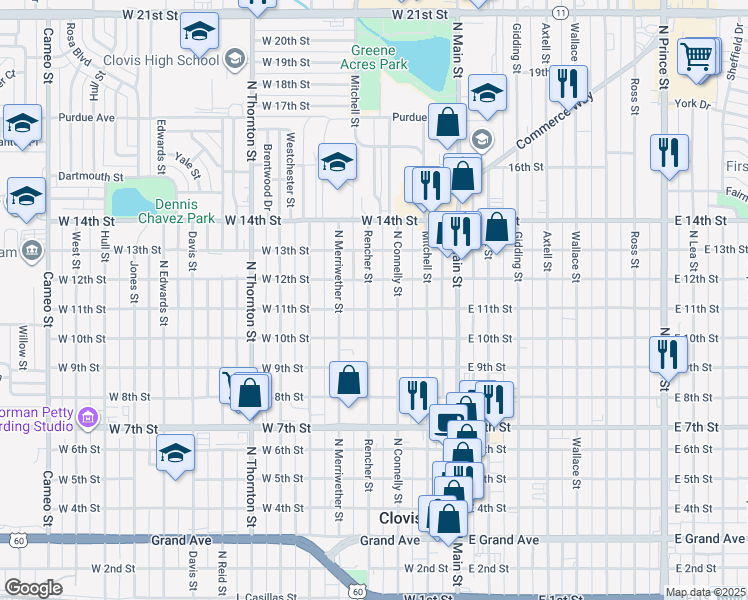 map of restaurants, bars, coffee shops, grocery stores, and more near 1105 Rencher Street in Clovis