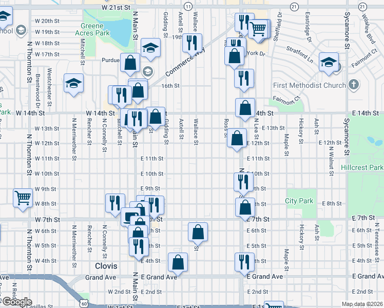 map of restaurants, bars, coffee shops, grocery stores, and more near 1015 Wallace Street in Clovis