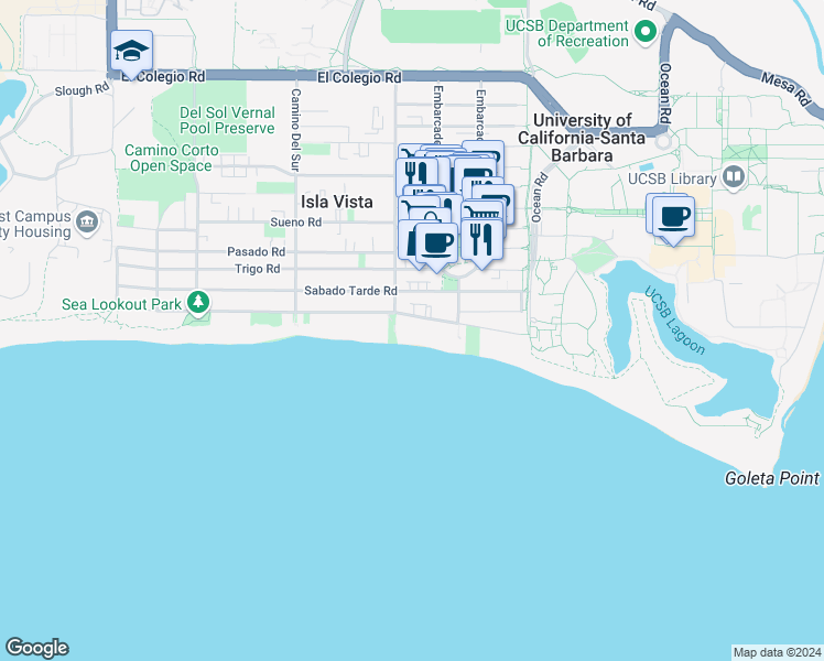 map of restaurants, bars, coffee shops, grocery stores, and more near 6587 Del Playa Drive in Goleta