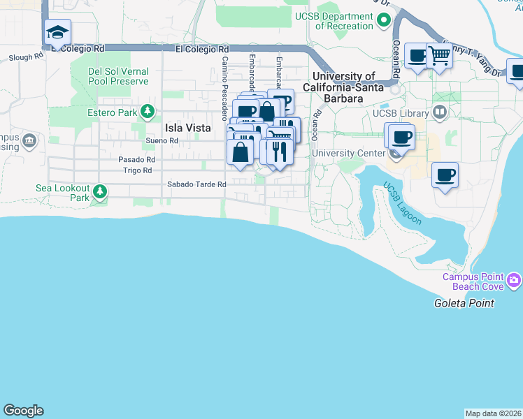 map of restaurants, bars, coffee shops, grocery stores, and more near 6541 Del Playa Drive in Goleta