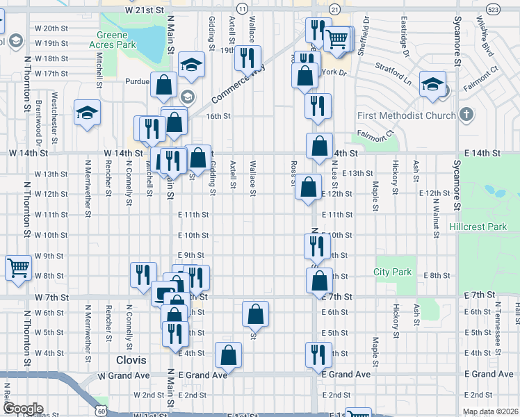 map of restaurants, bars, coffee shops, grocery stores, and more near 1015 Wallace Street in Clovis