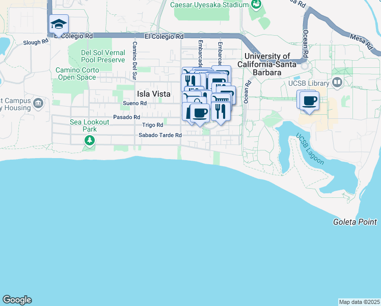 map of restaurants, bars, coffee shops, grocery stores, and more near 6571 Del Playa Drive in Goleta