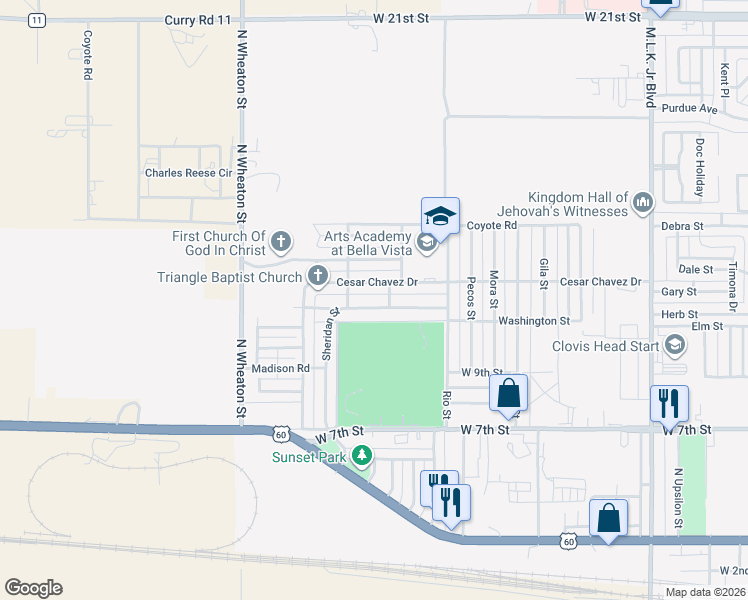 map of restaurants, bars, coffee shops, grocery stores, and more near 3008 Sheridan Street in Clovis