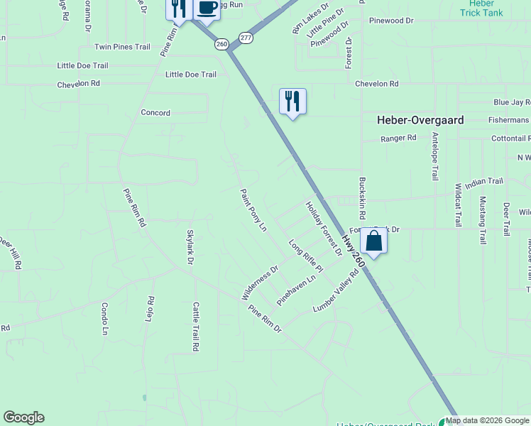 map of restaurants, bars, coffee shops, grocery stores, and more near 2887 Paint Pony Lane in Heber-Overgaard