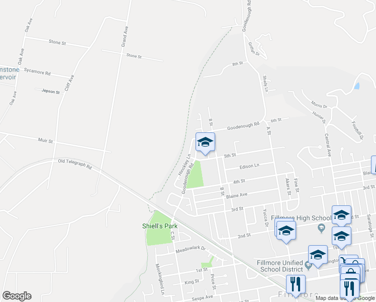 map of restaurants, bars, coffee shops, grocery stores, and more near 922 Hinckley Lane in Fillmore