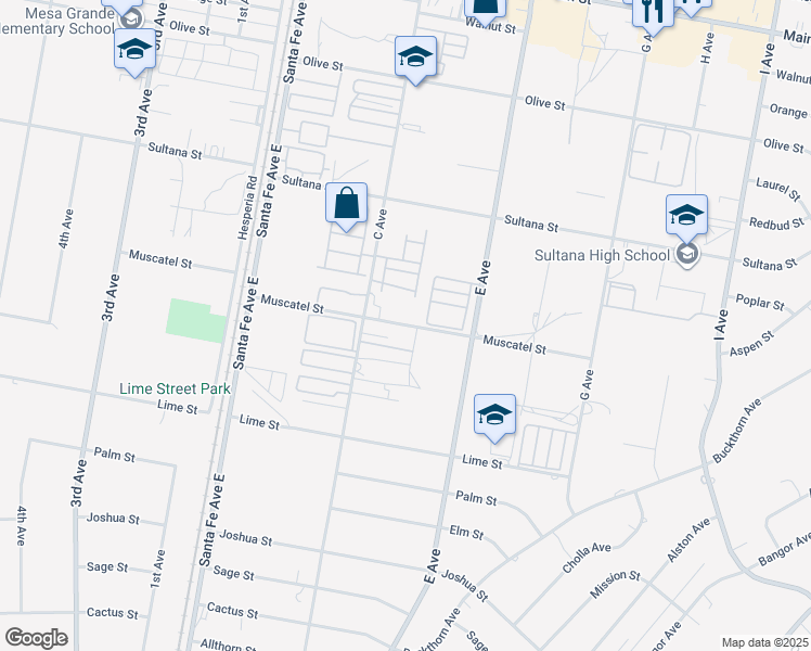 map of restaurants, bars, coffee shops, grocery stores, and more near 16700 Muscatel Street in Hesperia