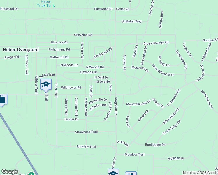 map of restaurants, bars, coffee shops, grocery stores, and more near 2187 South Oval Drive in Heber-Overgaard