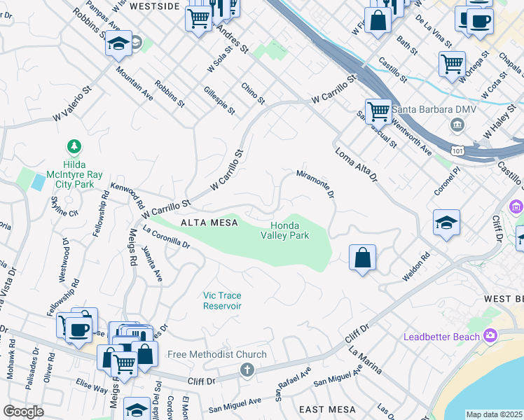 map of restaurants, bars, coffee shops, grocery stores, and more near 980 Miramonte Drive in Santa Barbara